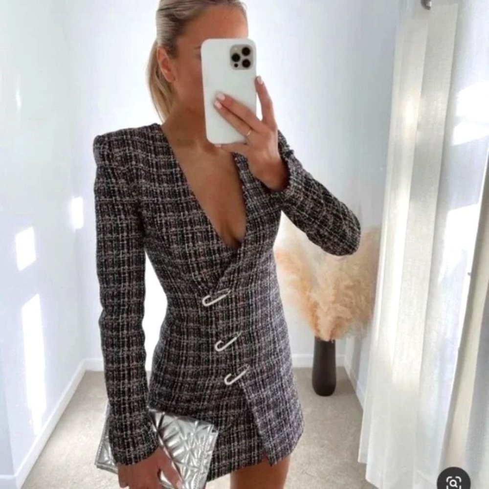 Zara Tweed Textured Blazer Dress Jewel Pins Sz Small Blogger Favorite NWOT